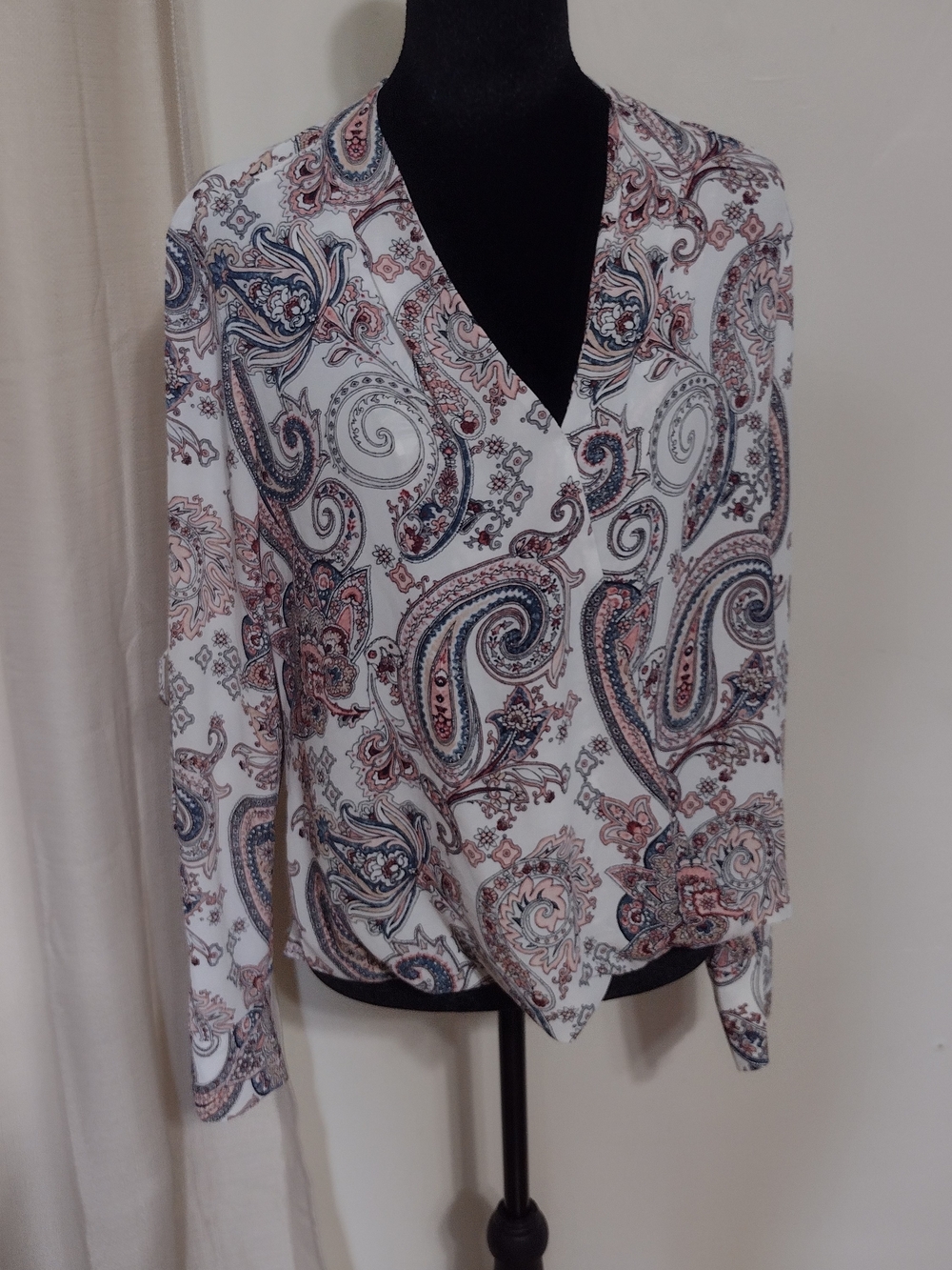 White House Black Market White Paisley Wrap Blouse with Blue and Pink Accents
